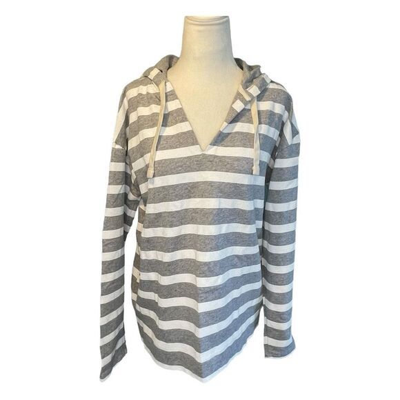 J. Crew Striped Beach Hoodie Sweatshirt Gray White French Terry Long Sleeve M - Picture 1 of 9